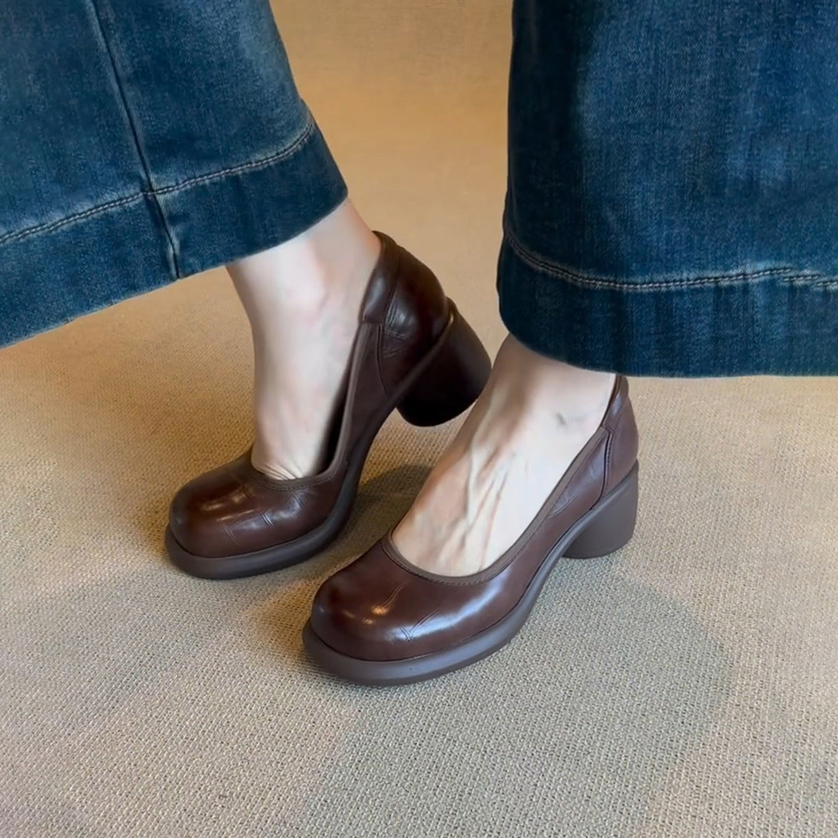 Vintage Shallow Mouth Single Shoes for Women, Round Toe, Chunky Heel, Slip-On Mary Jane Shoes, British Style Small Leather Shoes