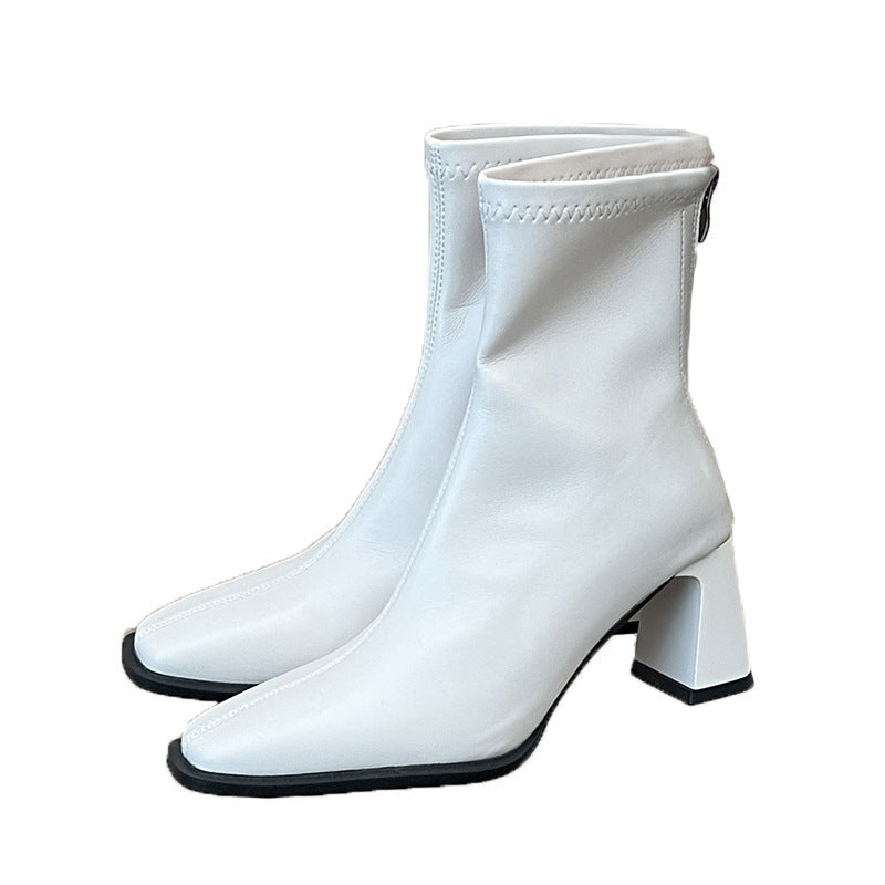 High Heel Slim Boots for Women Little Fairy2024New Year's Thick Heel Chimney Boots Internet Celebrity Fashion Chelsea Short Boots