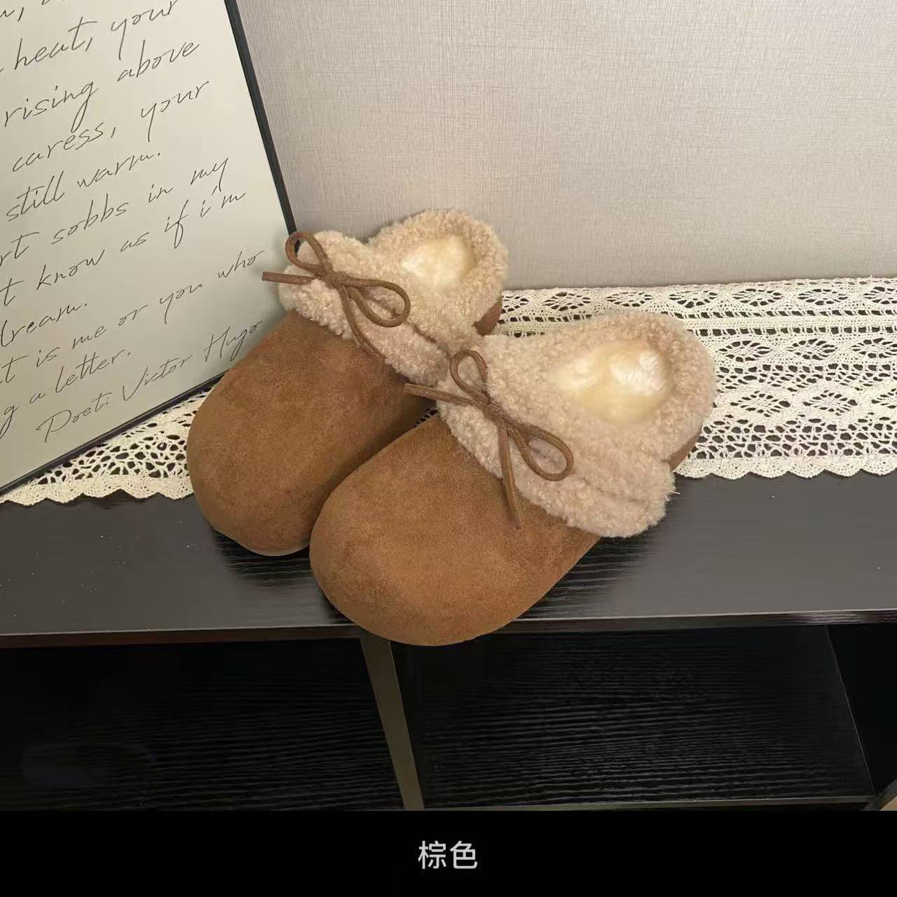 2025New Autumn and Winter Style Elegant Internet Celebrity Bow Cotton Slippers Light Luxury Retro Style Simple Versatile Closed-Toe Slippers