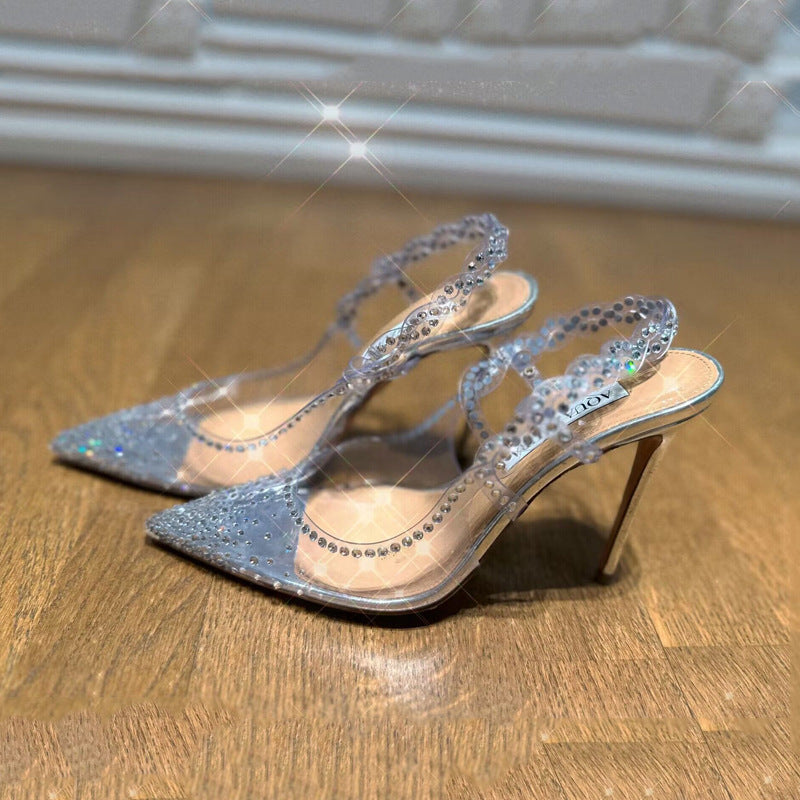 Women's Shoes2023New Summer Thin Heel Pointed Toe Shallow Mouth Diamond Closed-Toe Transparent High Heels Elegant Socialite Single Shoes for Women