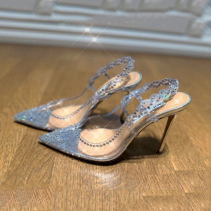 Women's Shoes2023New Summer Thin Heel Pointed Toe Shallow Mouth Diamond Closed-Toe Transparent High Heels Elegant Socialite Single Shoes for Women