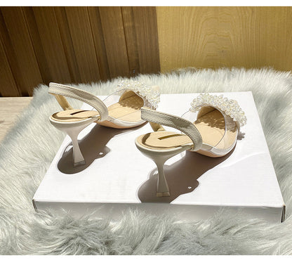 Women's Closed-Toe Sandals for Spring and Summer2023New Year's New French Transparent Pointed Toe Small Heel White High Heels Stiletto Single Shoes