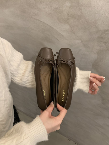 silver Flats Shallow Mouth Bowknot2024Spring New French Style Gentle Evening Breeze Flat Shoes for Women