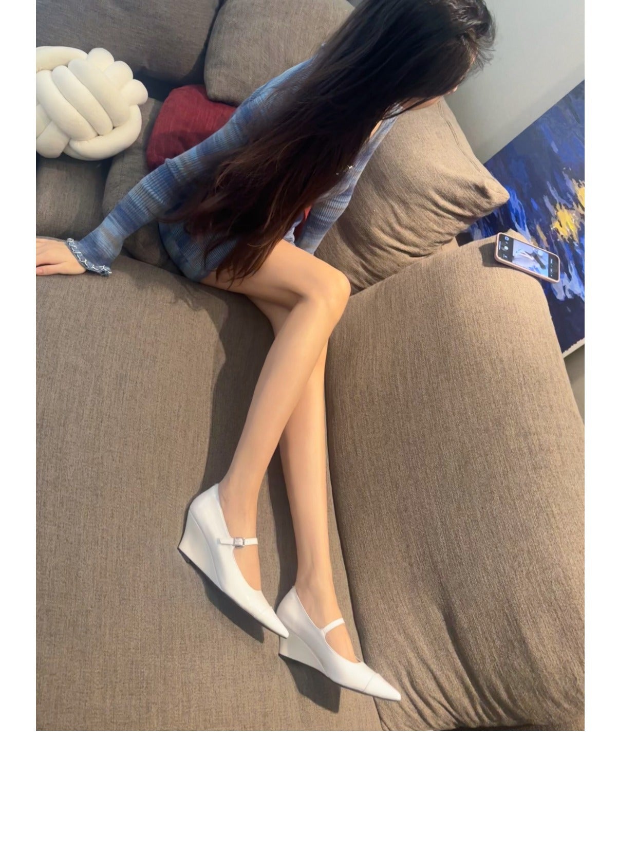 Yi Mengling Same Style2023Shoe Fairy Shoes to Match Dress Rich Lady Shoes Wedge White Single Shoes Pointed Toe Maggie Jane