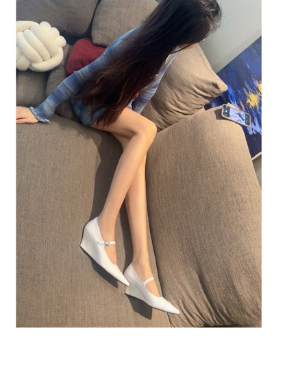 Yi Mengling Same Style2023Shoe Fairy Shoes to Match Dress Rich Lady Shoes Wedge White Single Shoes Pointed Toe Maggie Jane