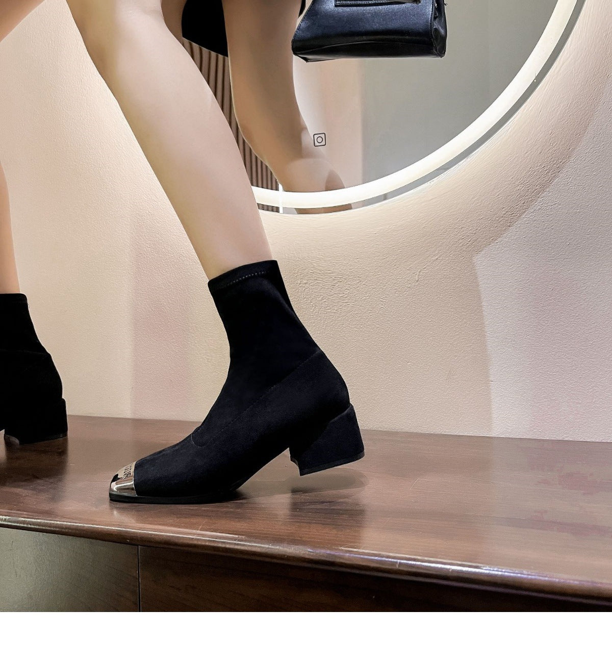 Women's Suede Ankle Boots2024Autumn New Fashionable Chunky Heel Metal Square Toe Mid-Heel Stretch Slim Sock Boots