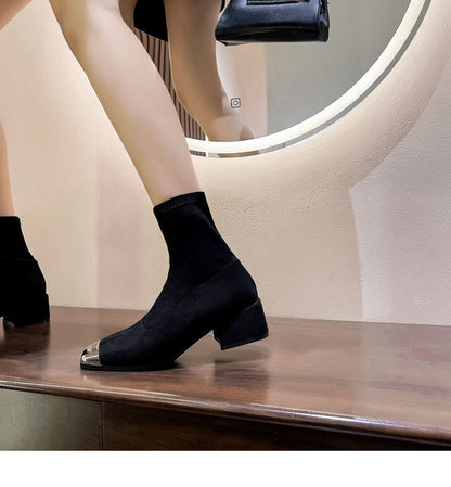 Women's Suede Ankle Boots2024Autumn New Fashionable Chunky Heel Metal Square Toe Mid-Heel Stretch Slim Sock Boots