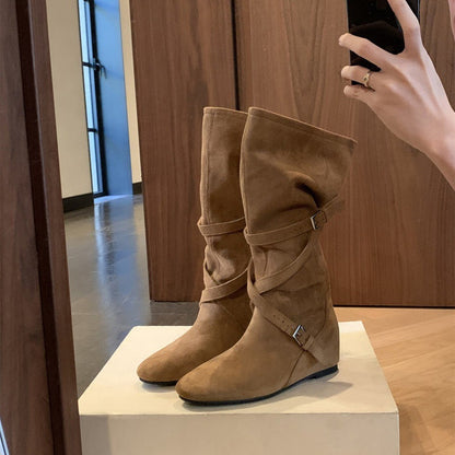 2025New Retro Matte Height-Increasing6cm~Korean Style Round Toe Buckle Strap Soft Wrinkled Slimming High Boots for Women Autumn