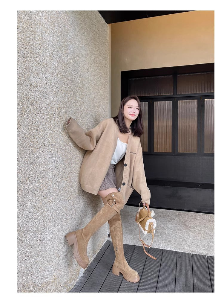 2025New Retro Small Western Boots for Women, Autumn and Winter Fleece-Lined Over-the-Knee Long Boots, Brown Long Boots, Riding Boots