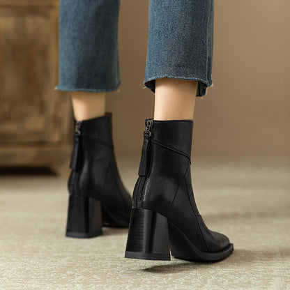 Women's Chunky Heel Ankle Boots2024New High Heel Winter Brown Slim Boots British Style Retro Martin Boots