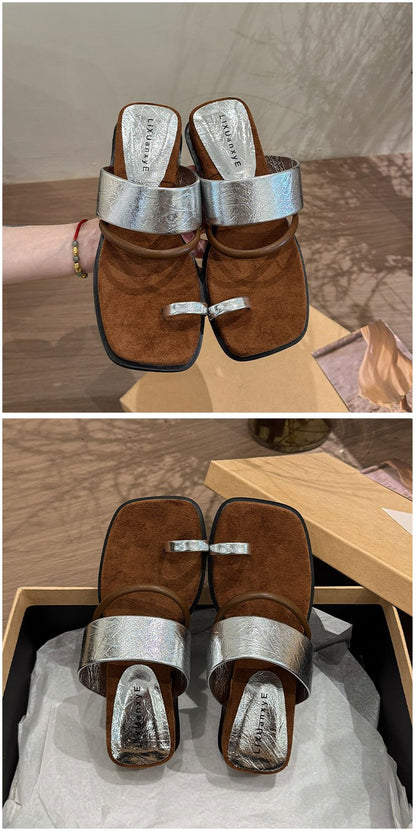 Rubber PU Medium Heel Flat Toe Slippers