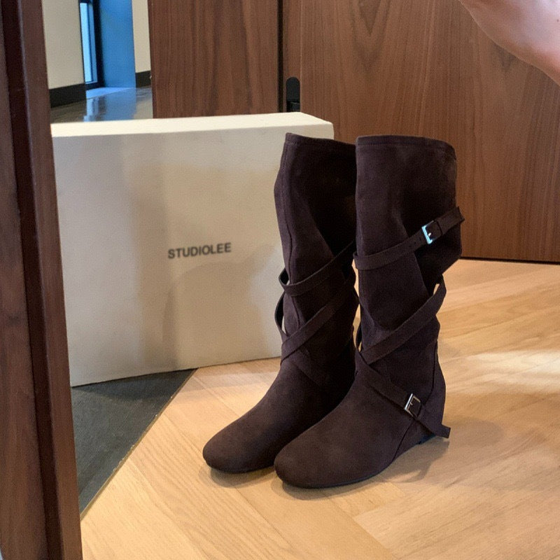 2025New Retro Matte Height-Increasing6cm~Korean Style Round Toe Buckle Strap Soft Wrinkled Slimming High Boots for Women Autumn