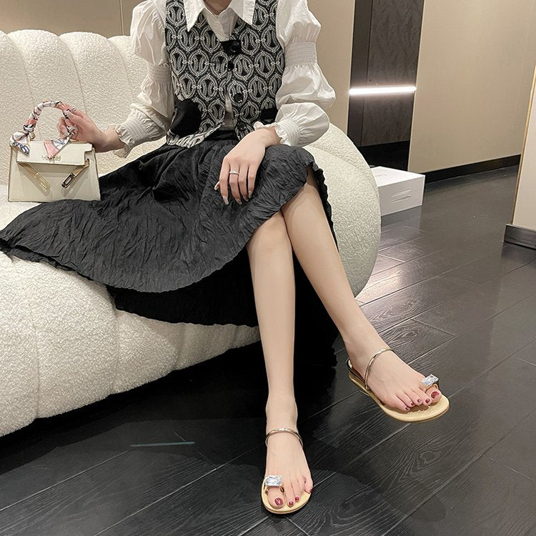 PU Square Heel Low Heel Slippers Rubber Toe