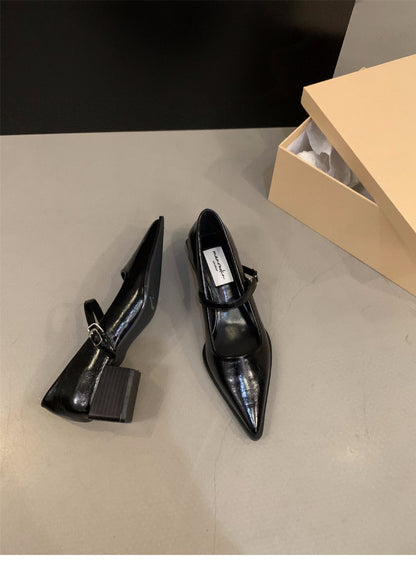 French style mid-high heel black pointed toe women's shoes2024New Spring Autumn Winter Mary Jane Evening Shoes