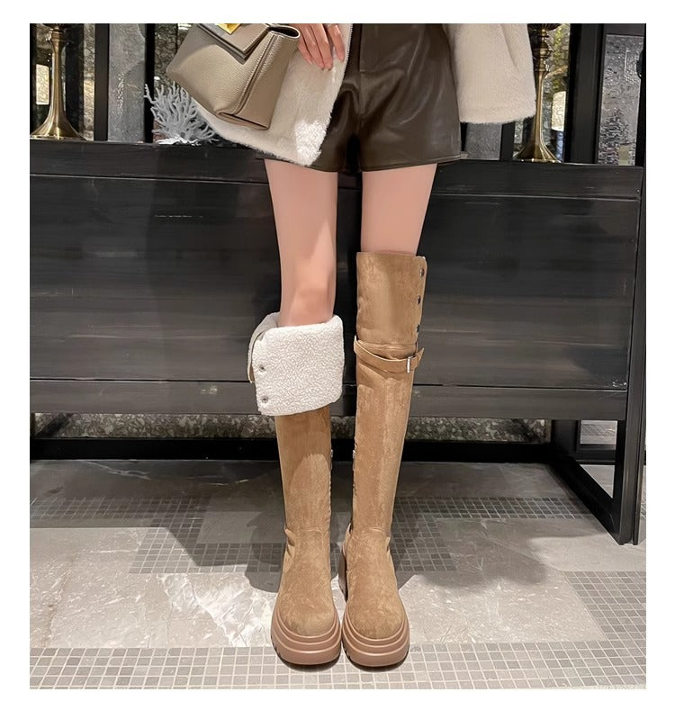 2025New Retro Small Western Boots for Women, Autumn and Winter Fleece-Lined Over-the-Knee Long Boots, Brown Long Boots, Riding Boots