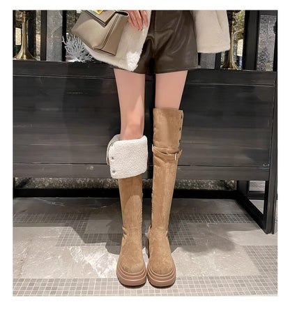 2025New Retro Small Western Boots for Women, Autumn and Winter Fleece-Lined Over-the-Knee Long Boots, Brown Long Boots, Riding Boots