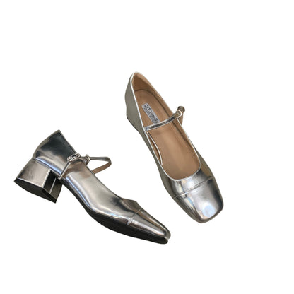 Women's Red Chunky Heel Shoes2023 New Summer Mid-High Heels silver Mary Jane Shoes for Dresses Evening Shoes