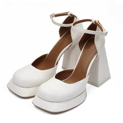 Yu Shuxin Style White High Heels Chunky Heel Petite Vintage Shoes Waterproof Platform Mary Jane Shoes