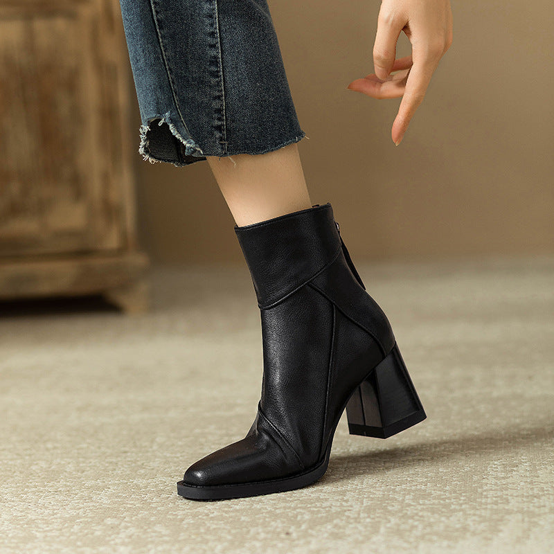 Women's Chunky Heel Ankle Boots2024New High Heel Winter Brown Slim Boots British Style Retro Martin Boots
