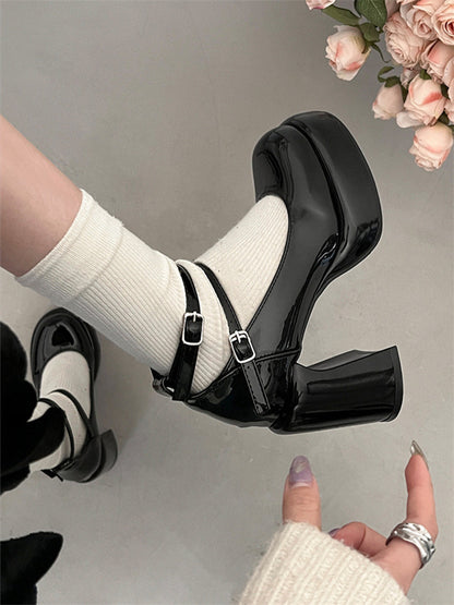 French style red high heels for women2024New Year's New Matching Skirt Temperament Thick Heel Mary Jane Shoes