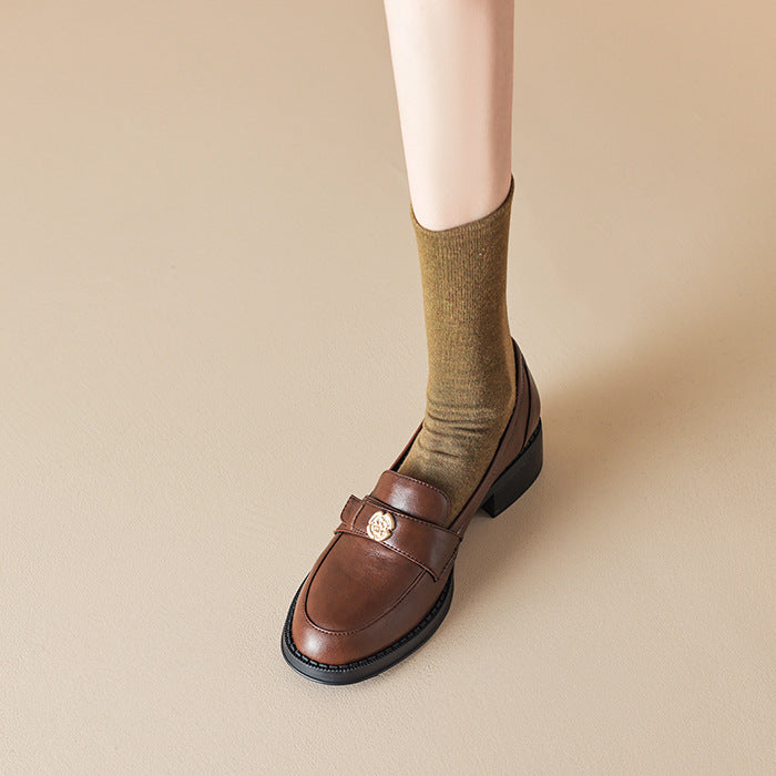 Left Bank Paris～！Chunky Heel British Style Gold Buckle Loafers for Women, Patent Leather Black Single Shoes