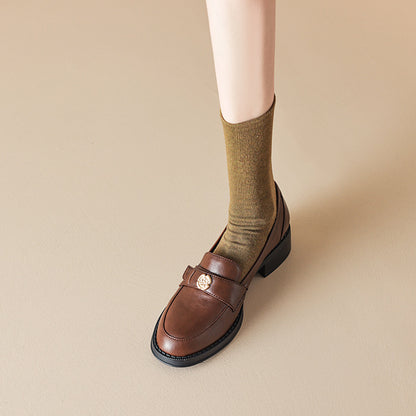Left Bank Paris～！Chunky Heel British Style Gold Buckle Loafers for Women, Patent Leather Black Single Shoes