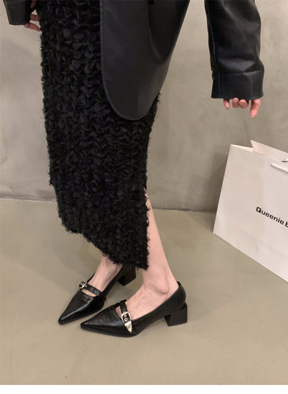 French Style Mary Jane Leather Shoes for Women2024New Spring Autumn Winter Black Pointed High Heels Single Shoes
