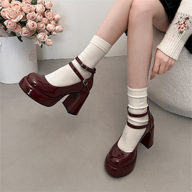 French style red high heels for women2024New Year's New Matching Skirt Temperament Thick Heel Mary Jane Shoes