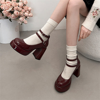 French style red high heels for women2024New Year's New Matching Skirt Temperament Thick Heel Mary Jane Shoes
