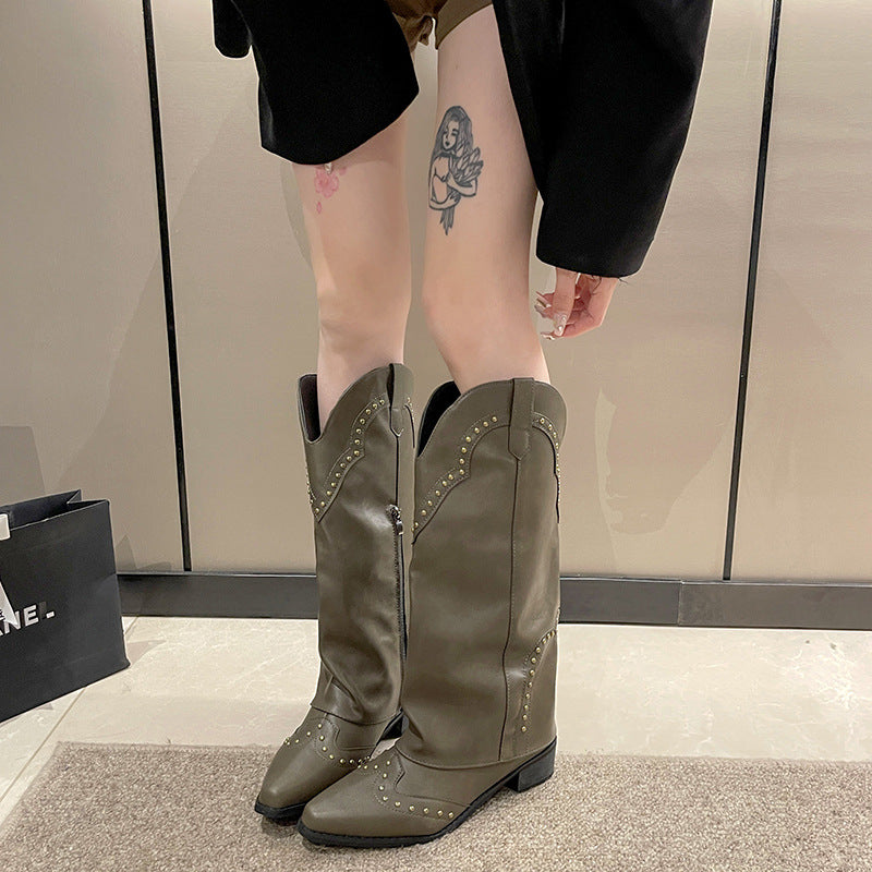 2025New Autumn Retro Pointed Toe Bootcut Boots Mid-Calf Boots for Women Hot Girl Boots Bootcut Boots Spring Autumn Winter Martin Boots