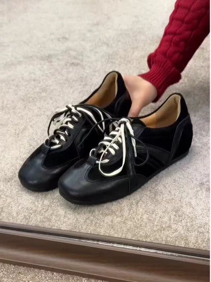 2025Spring and Autumn Retro Black Lace-up Shoes for Women, Height-increasing Casual Sneakers, Trendy Sports Shoes