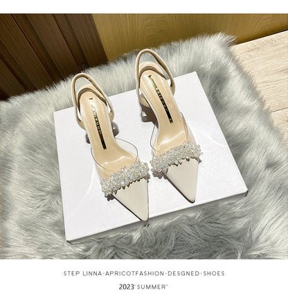 Women's Closed-Toe Sandals for Spring and Summer2023New Year's New French Transparent Pointed Toe Small Heel White High Heels Stiletto Single Shoes