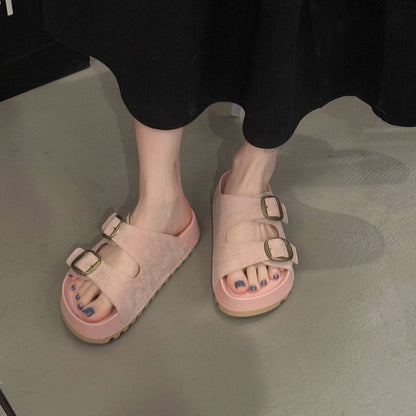 Solid Color Rubber Mid Heel(3-5cm)Platform Sole Suede Slippers
