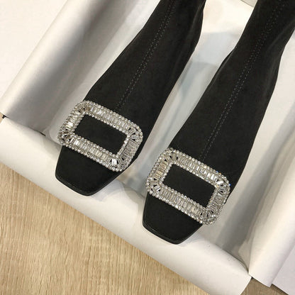 Square Buckle Rhinestone Elastic Sock Boots for Women, Low Heel, Chunky Heel, Black Square Toe Short Boots, Suede Slim Boots for Women