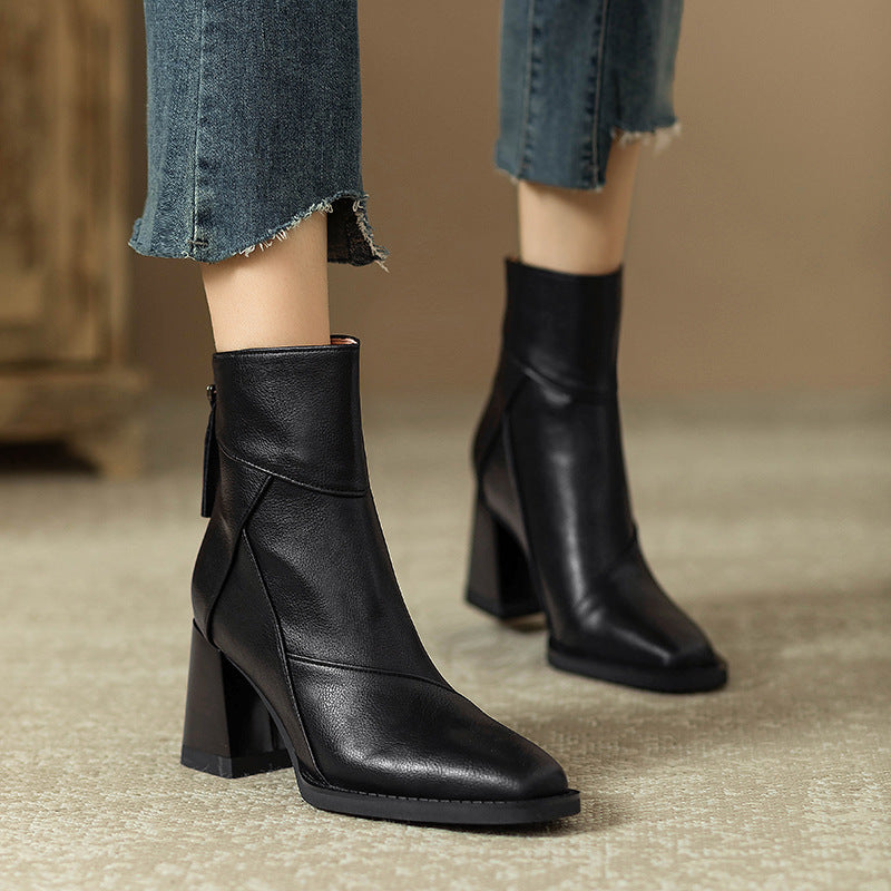 Women's Chunky Heel Ankle Boots2024New High Heel Winter Brown Slim Boots British Style Retro Martin Boots