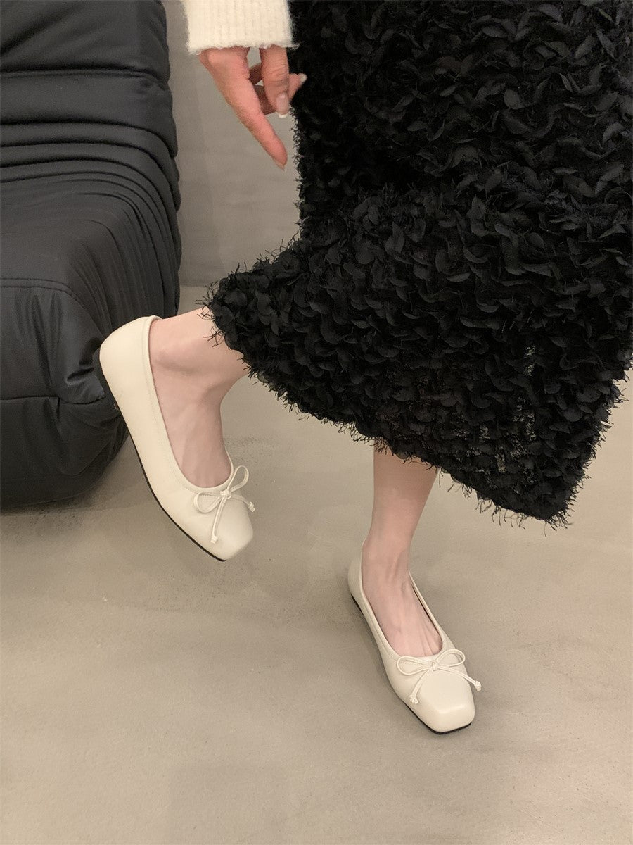 silver Flats Shallow Mouth Bowknot2024Spring New French Style Gentle Evening Breeze Flat Shoes for Women