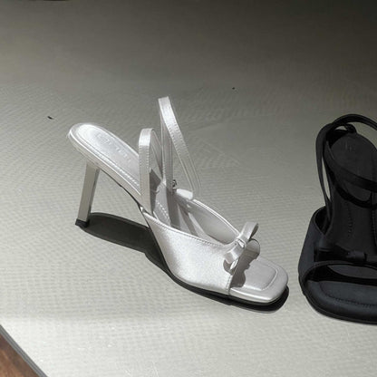 Ankle Strap silver Satin Bow High Heel Sandals Thin Heel Open Toe Women's Sandals Elegant