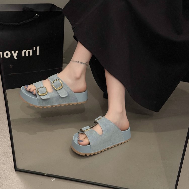 Solid Color Rubber Mid Heel(3-5cm)Platform Sole Suede Slippers