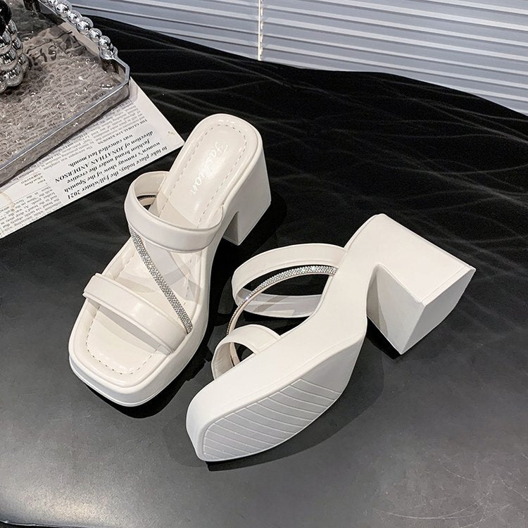 Solid Color Rubber Chunky Heel PU High Heel Slippers