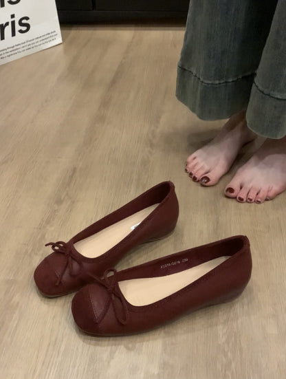 Women's French Style Shoes with Hidden Wedge2025Spring and Autumn New Suede Bowknot Slip-On Light Mouth Apricot Evening Shoes