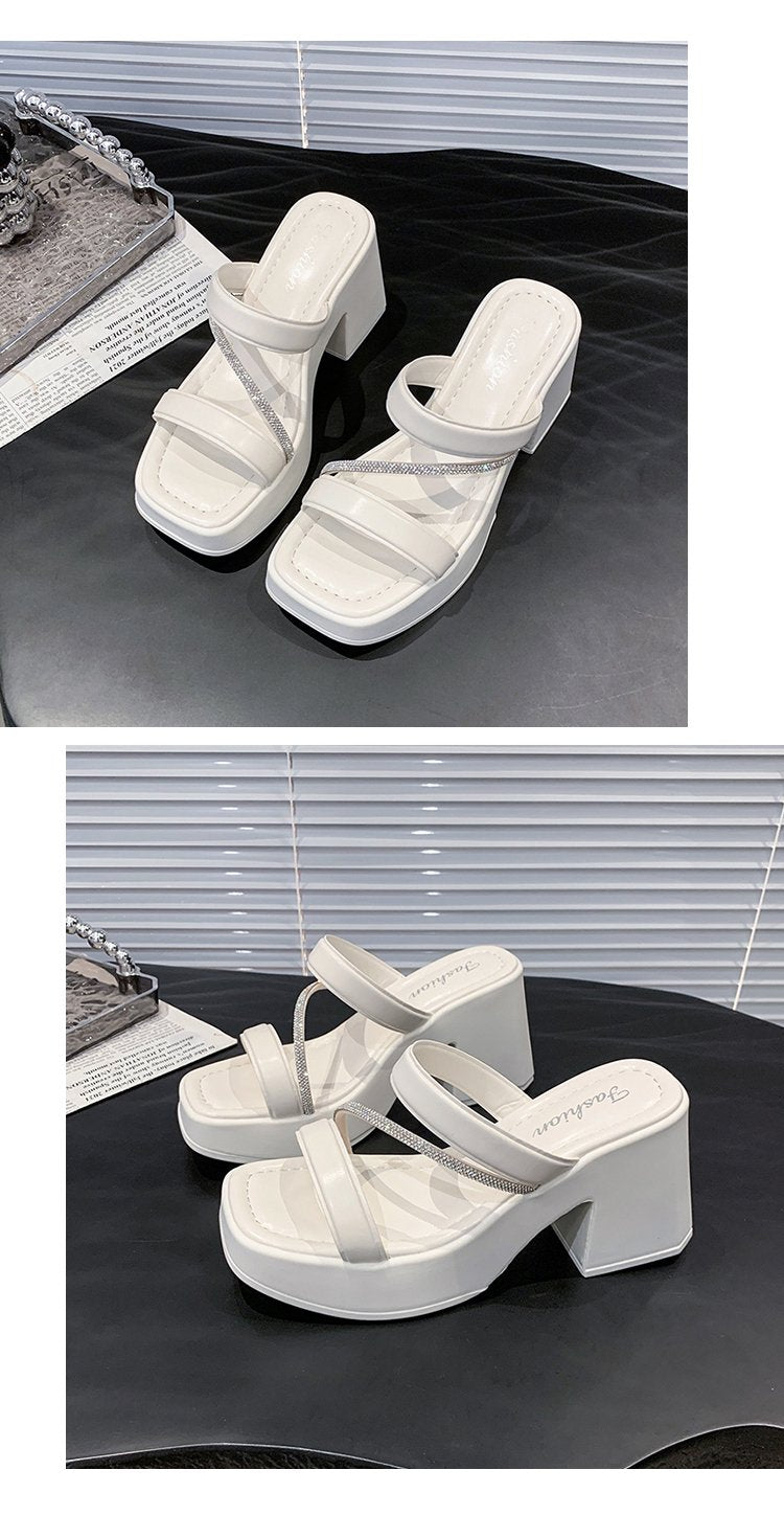 Solid Color Rubber Chunky Heel PU High Heel Slippers