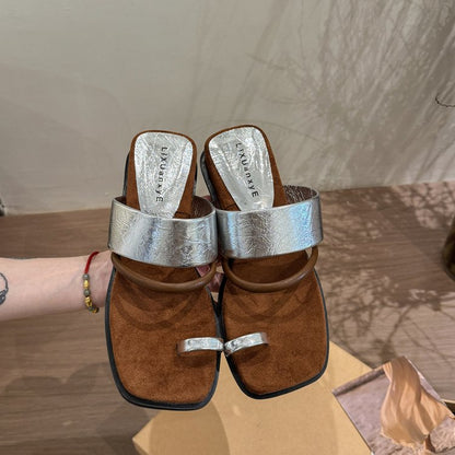 Rubber PU Medium Heel Flat Toe Slippers