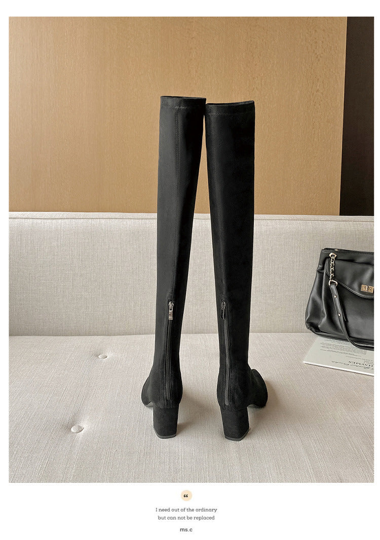 Long Boots for Women, Stretch Long Boots, Pointed Toe High Heel Boots, Over-the-Knee Boots, Suede High Boots, Khaki Color