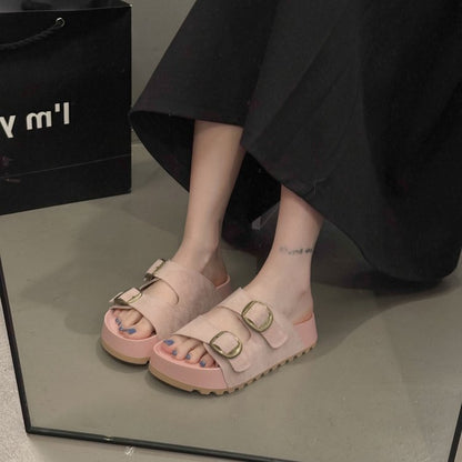 Solid Color Rubber Mid Heel(3-5cm)Platform Sole Suede Slippers