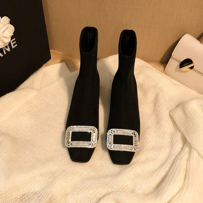 Square Buckle Rhinestone Elastic Sock Boots for Women, Low Heel, Chunky Heel, Black Square Toe Short Boots, Suede Slim Boots for Women