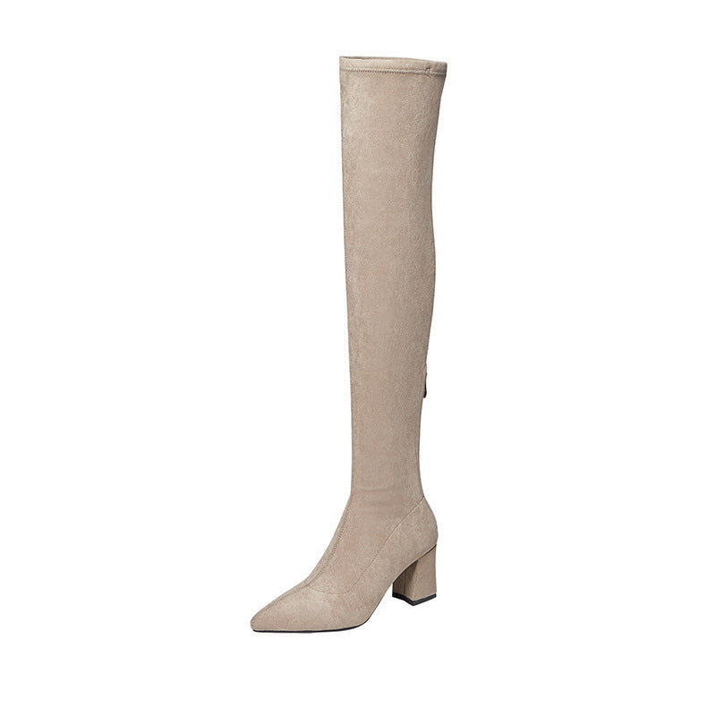 Long Boots for Women, Stretch Long Boots, Pointed Toe High Heel Boots, Over-the-Knee Boots, Suede High Boots, Khaki Color