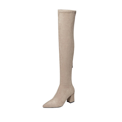 Long Boots for Women, Stretch Long Boots, Pointed Toe High Heel Boots, Over-the-Knee Boots, Suede High Boots, Khaki Color