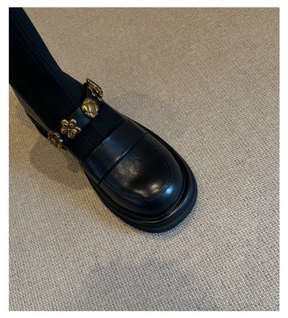 Thick-Soled Metal Buckle Elastic Short Boots Retro College Style Knitted Slim Boots Women Versatile Loafers Sock Boots