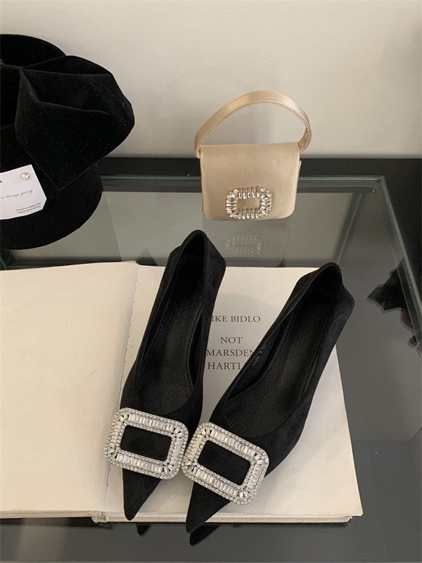 French pointed toe high heels stiletto single shoes for women2025Spring and Autumn New Style Cat Heel Elegant Rhinestone Black Work Shoes