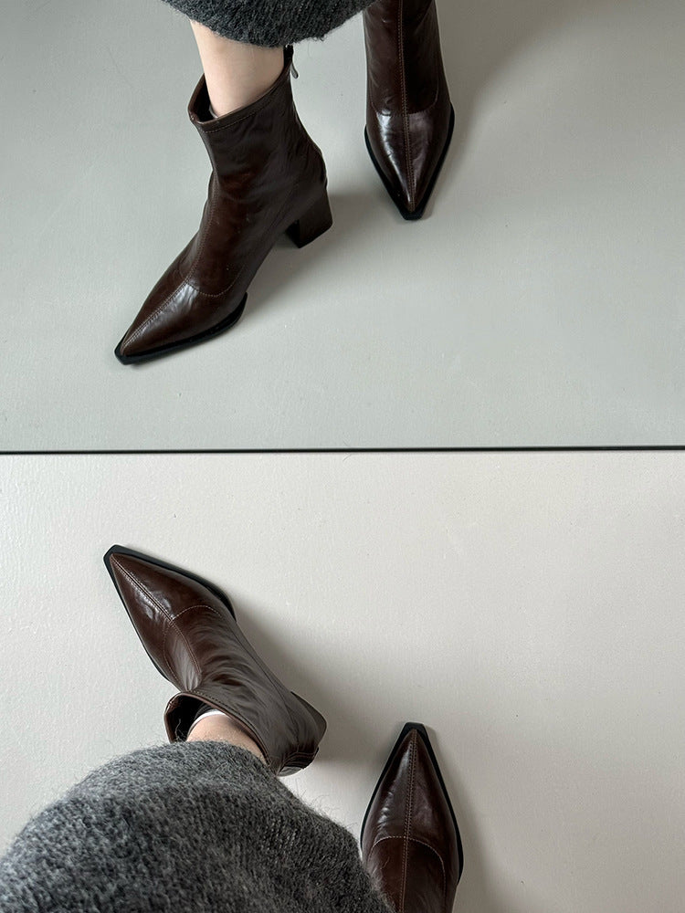 Pointed Toe Short Boots for Women2024New Autumn Winter Women's Boots Niche Slim Boots Design Sense Chunky Heel High Heel Short Boots